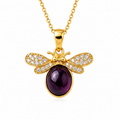 14K  Bee Pendant Necklace with Purple Cabochon & CZ Diamond | Nature Inspired Fine Jewelry Gift for Women