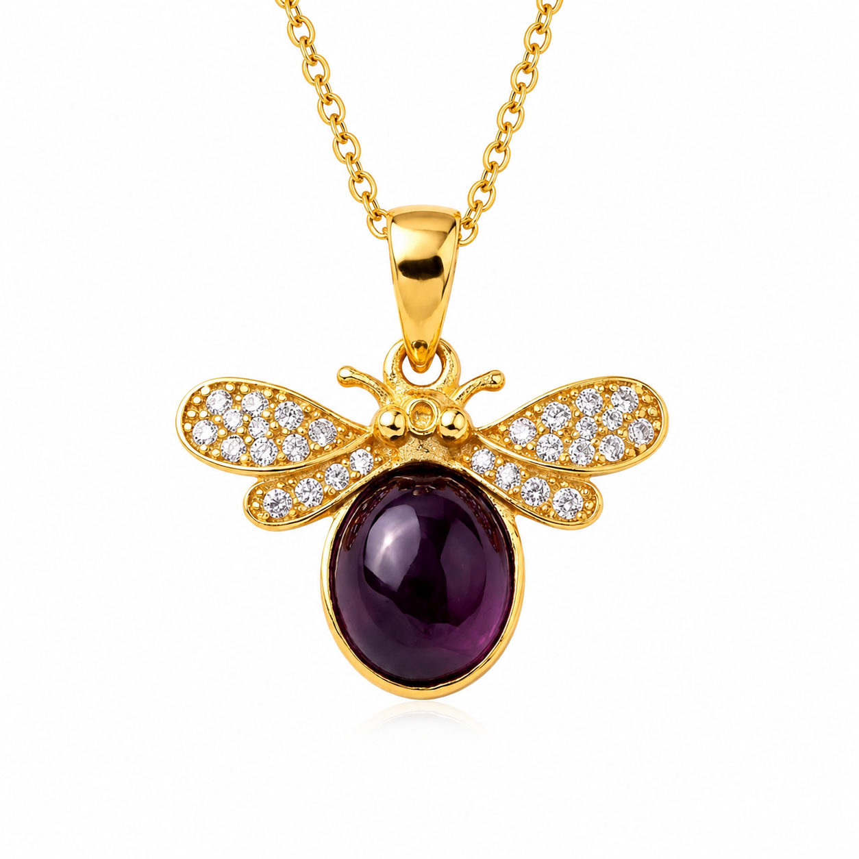 14K  Bee Pendant Necklace with Purple Cabochon & CZ Diamond | Nature Inspired Fine Jewelry Gift for Women