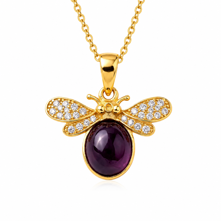 14K  Bee Pendant Necklace with Purple Cabochon & CZ Diamond | Nature Inspired Fine Jewelry Gift for Women