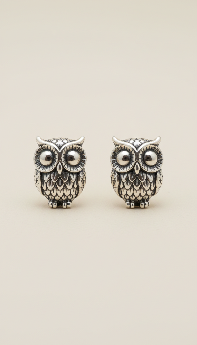 Sterling Silver Owl Earrings With Feather Etching